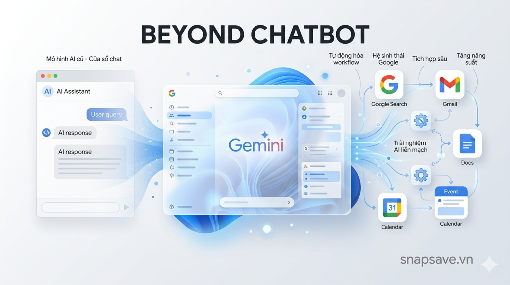 Minh họa chiến lược AI mới của Google khi Gemini chuyển từ chatbot sang lớp làm việc trong hệ sinh thái