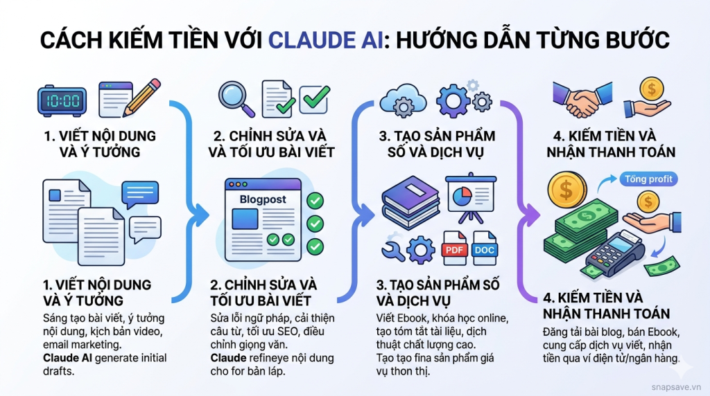 Workflow kiếm tiền với Claude AI từ viết nội dung đến tạo sản phẩm và nhận tiền