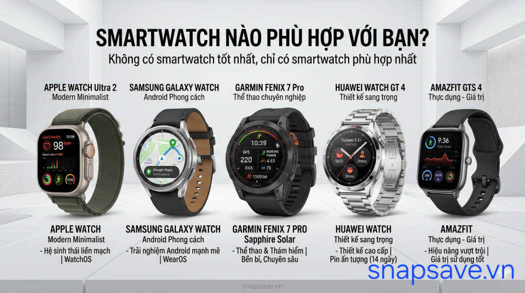 So sánh Apple Watch, Galaxy Watch, Garmin, Huawei Watch và Amazfit theo nhu cầu sử dụng thực tế