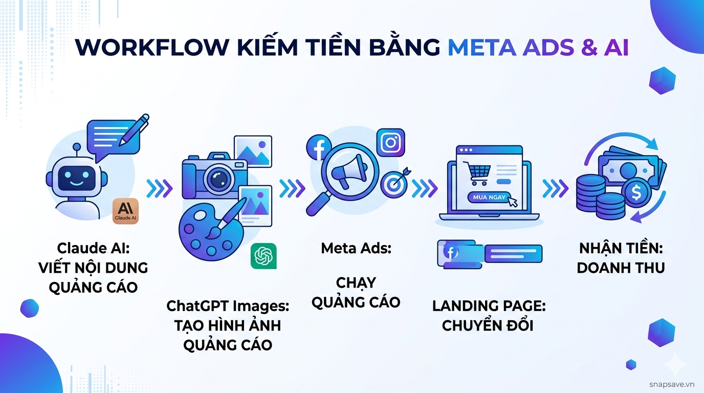 Workflow chạy Meta Ads bằng AI từ viết nội dung đến tạo hình ảnh và chuyển đổi đơn hàng