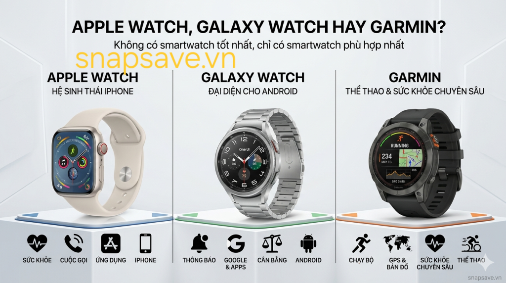 So sánh Apple Watch, Samsung Galaxy Watch và Garmin theo nhu cầu sử dụng thực tế