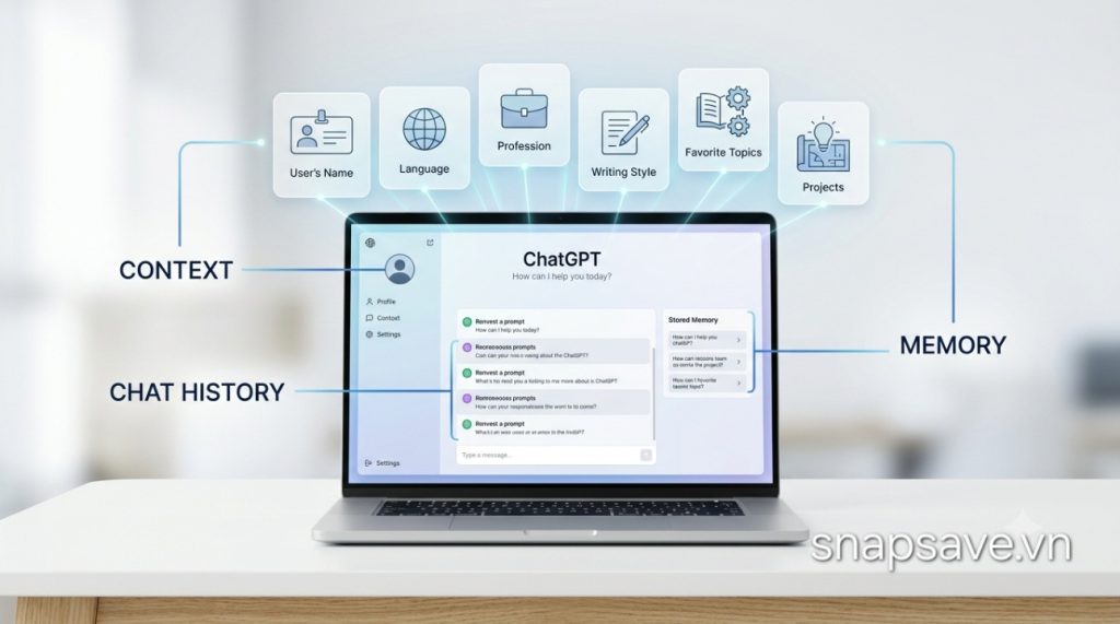 Minh họa cách ChatGPT ghi nhớ thông tin người dùng thông qua Memory, Chat History và Context.