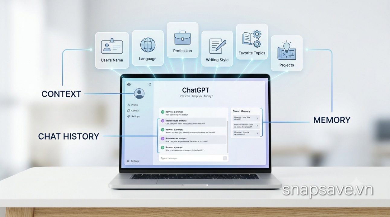Minh họa cách ChatGPT ghi nhớ thông tin người dùng thông qua Memory, Chat History và Context.