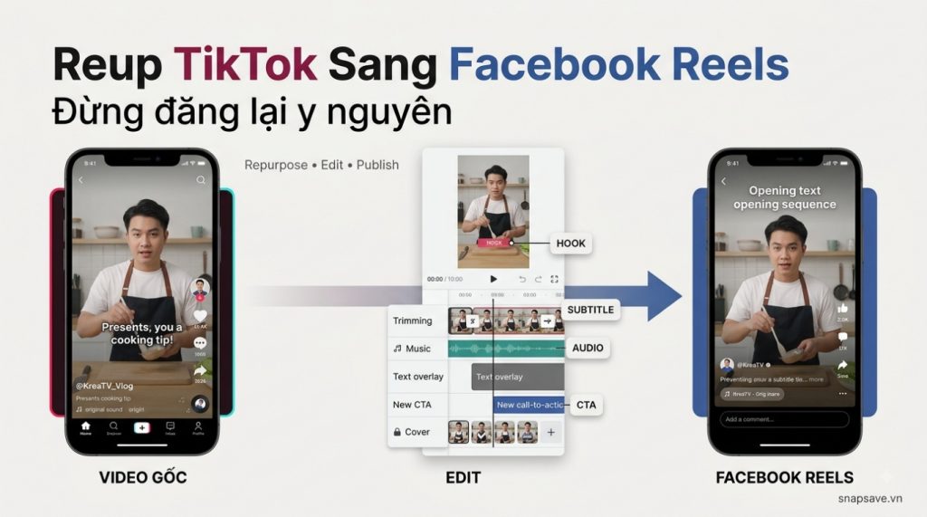 Cách reup video TikTok sang Facebook Reels bằng workflow chỉnh sửa nội dung